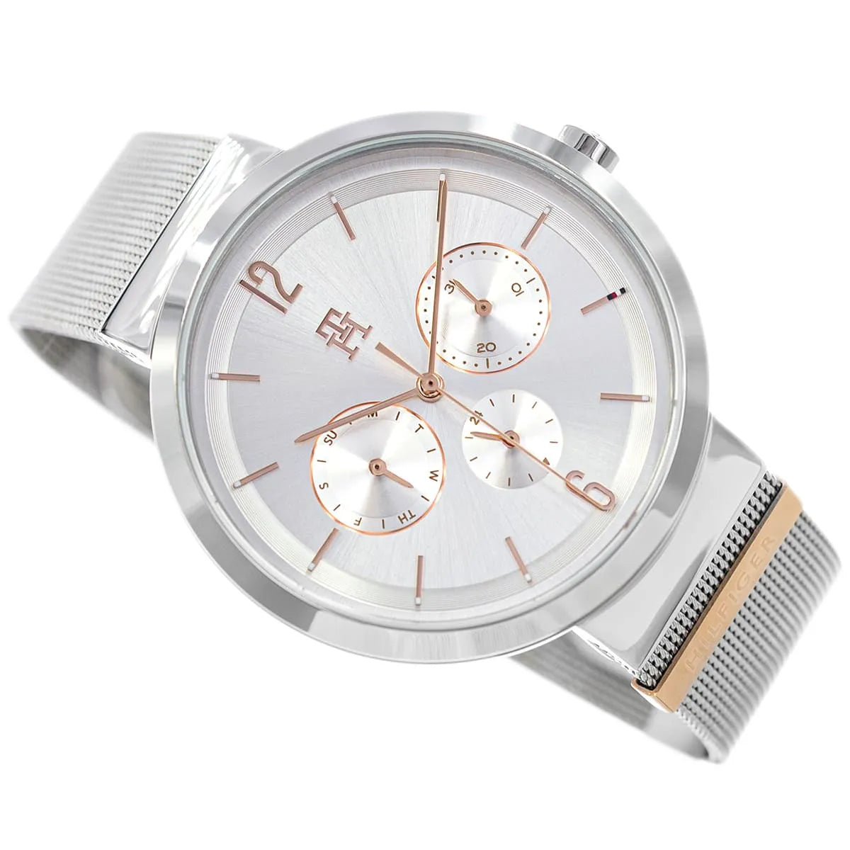 Tommy Hilfiger chronograph watch dial with rose gold accents and sub-dials