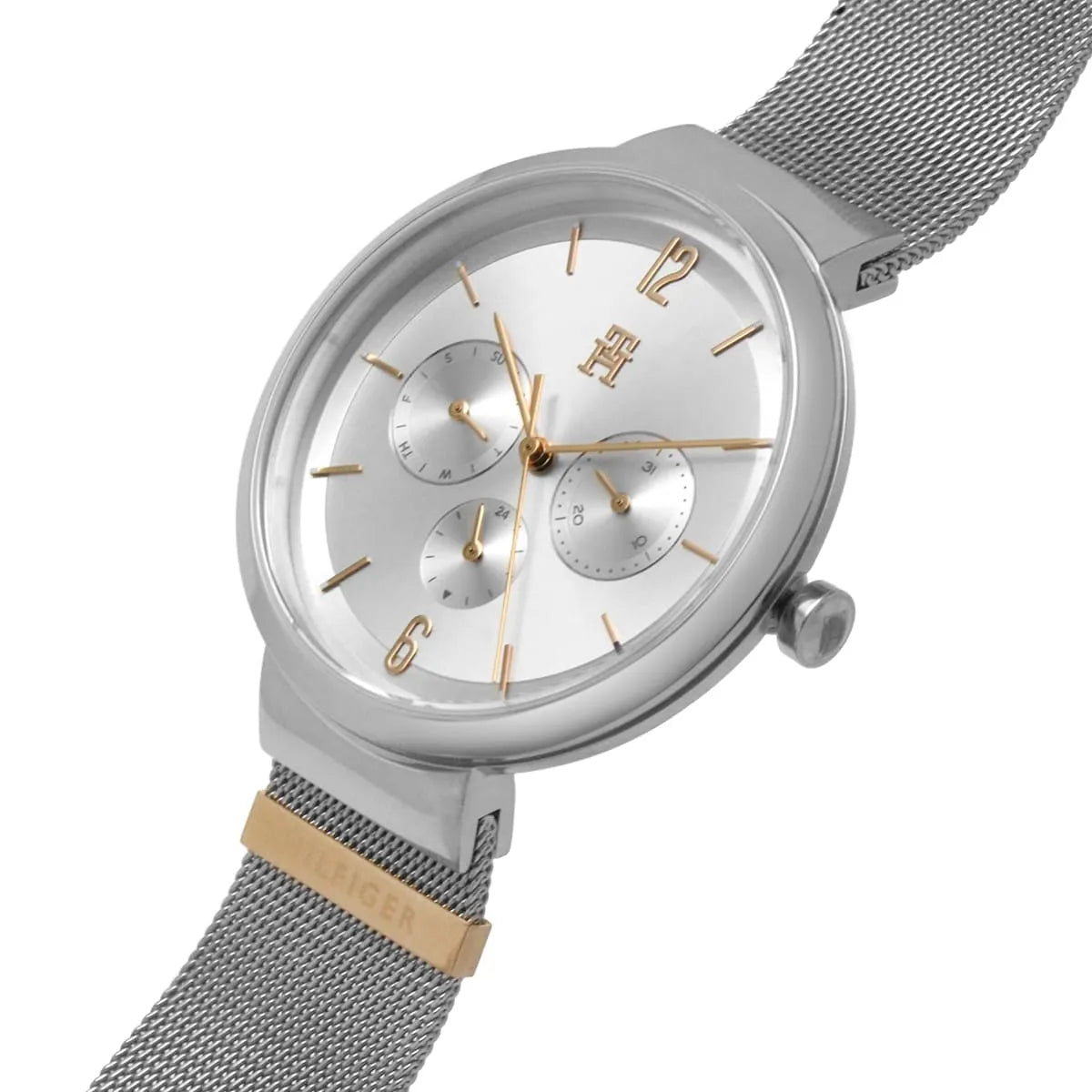 Tommy Hilfiger women's chronograph watch three-quarter view with mesh strap