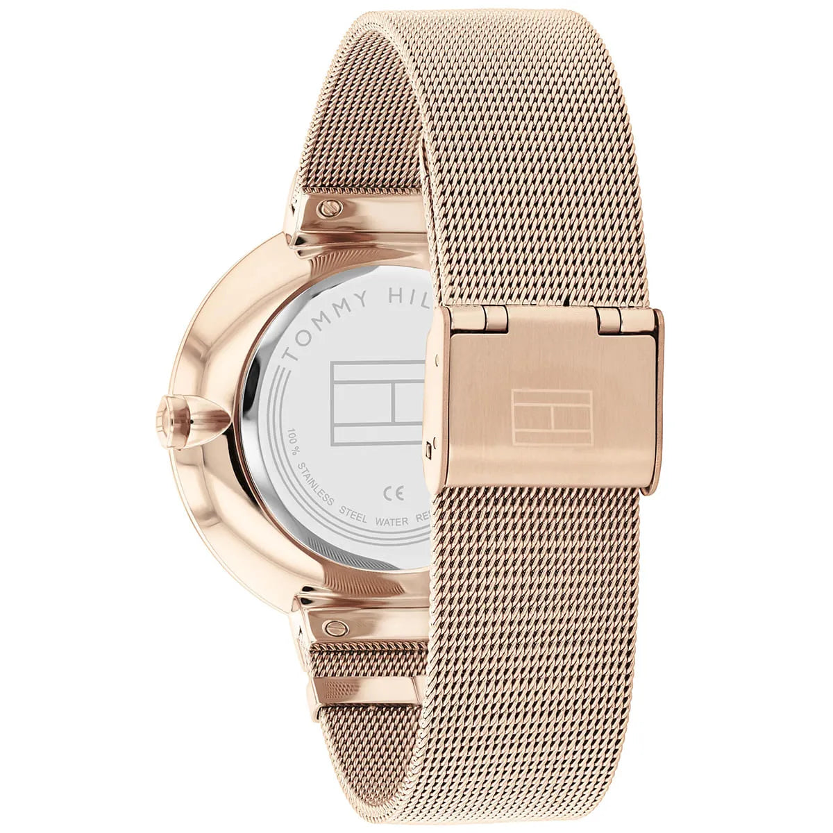 Tommy Hilfiger Lidia watch showing rose gold case and mesh metal strap from side