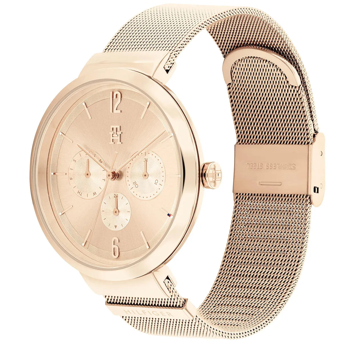 Tommy Hilfiger Lidia chronograph watch with rose gold case and mesh metal strap, angled view
