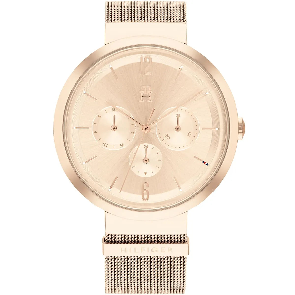 Tommy Hilfiger Lidia watch with rose gold dial and mesh metal strap, front view