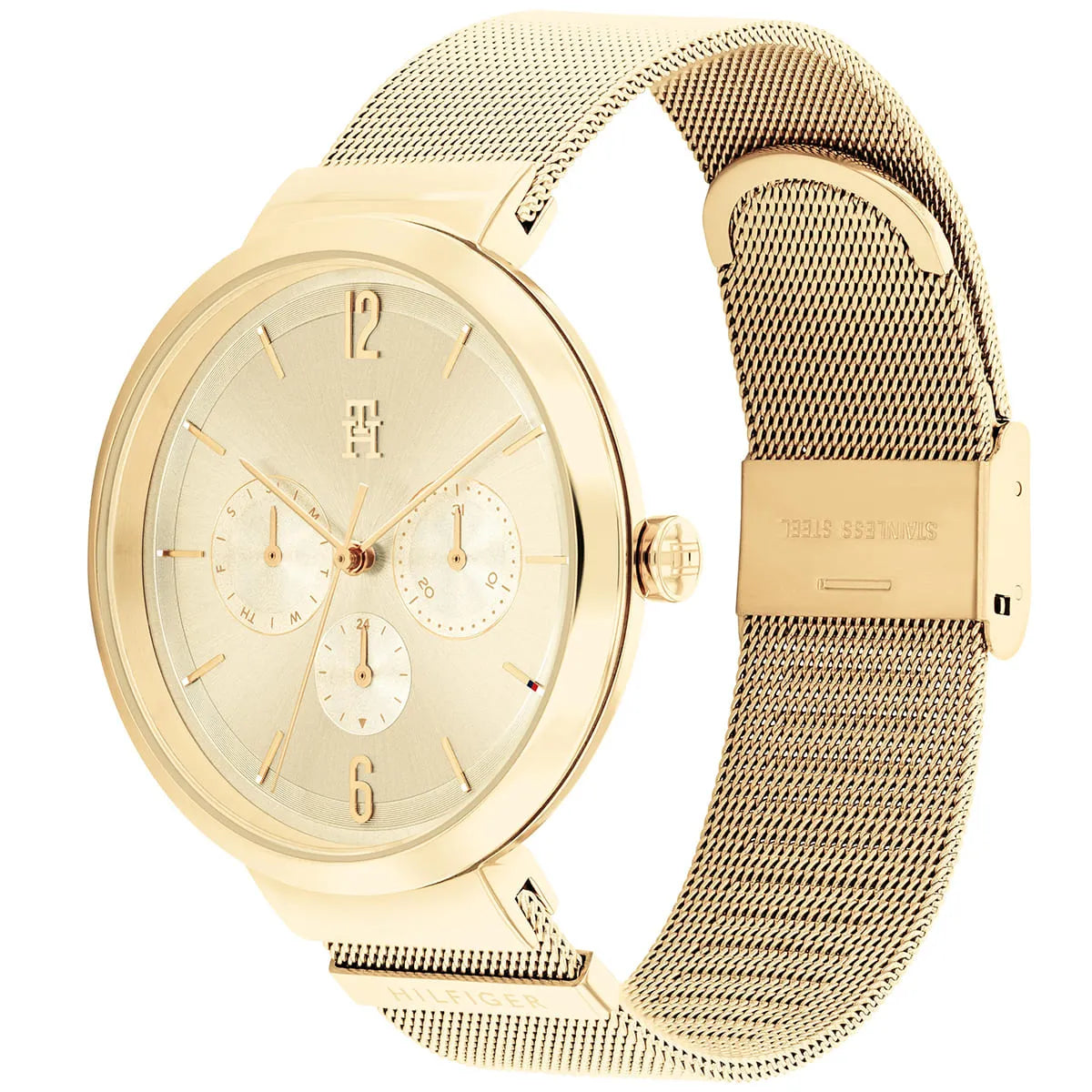 Tommy Hilfiger Lidia watch angled side view showing gold case and mesh strap construction