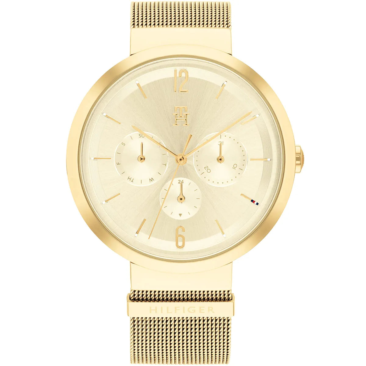 Tommy Hilfiger Lidia women's watch with gold dial, chronograph subdials, and gold mesh stainless steel strap