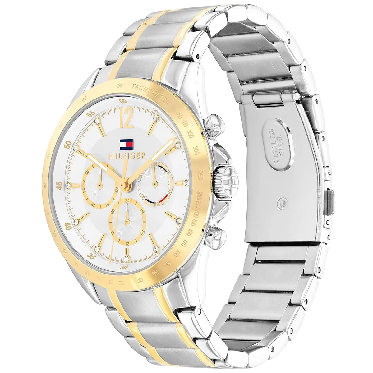 Two-tone stainless steel bracelet and case at angle with white dial visible