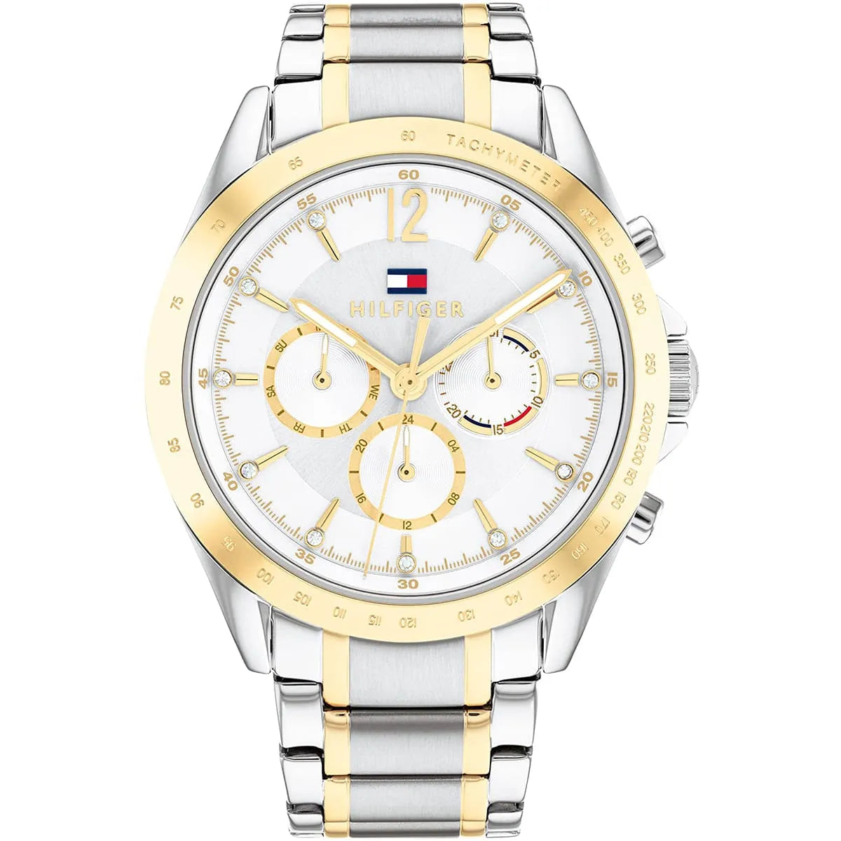 Tommy Hilfiger two-tone women's watch with white dial and chronograph subdials