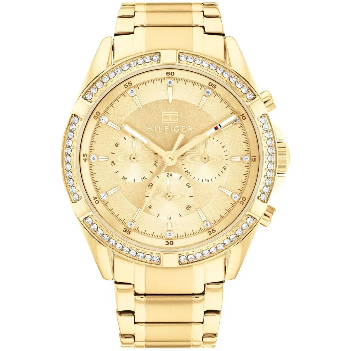 Tommy Hilfiger women's watch with champagne dial, crystal bezel, and gold metal strap