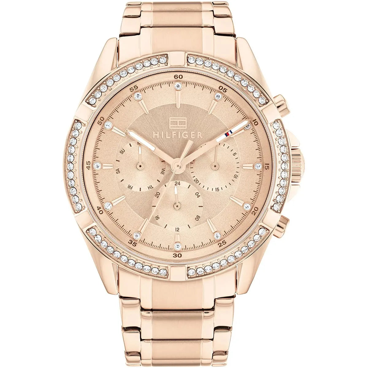 Tommy Hilfiger women's chronograph watch with rose gold dial, crystal bezel, and gold-tone stainless steel bracelet