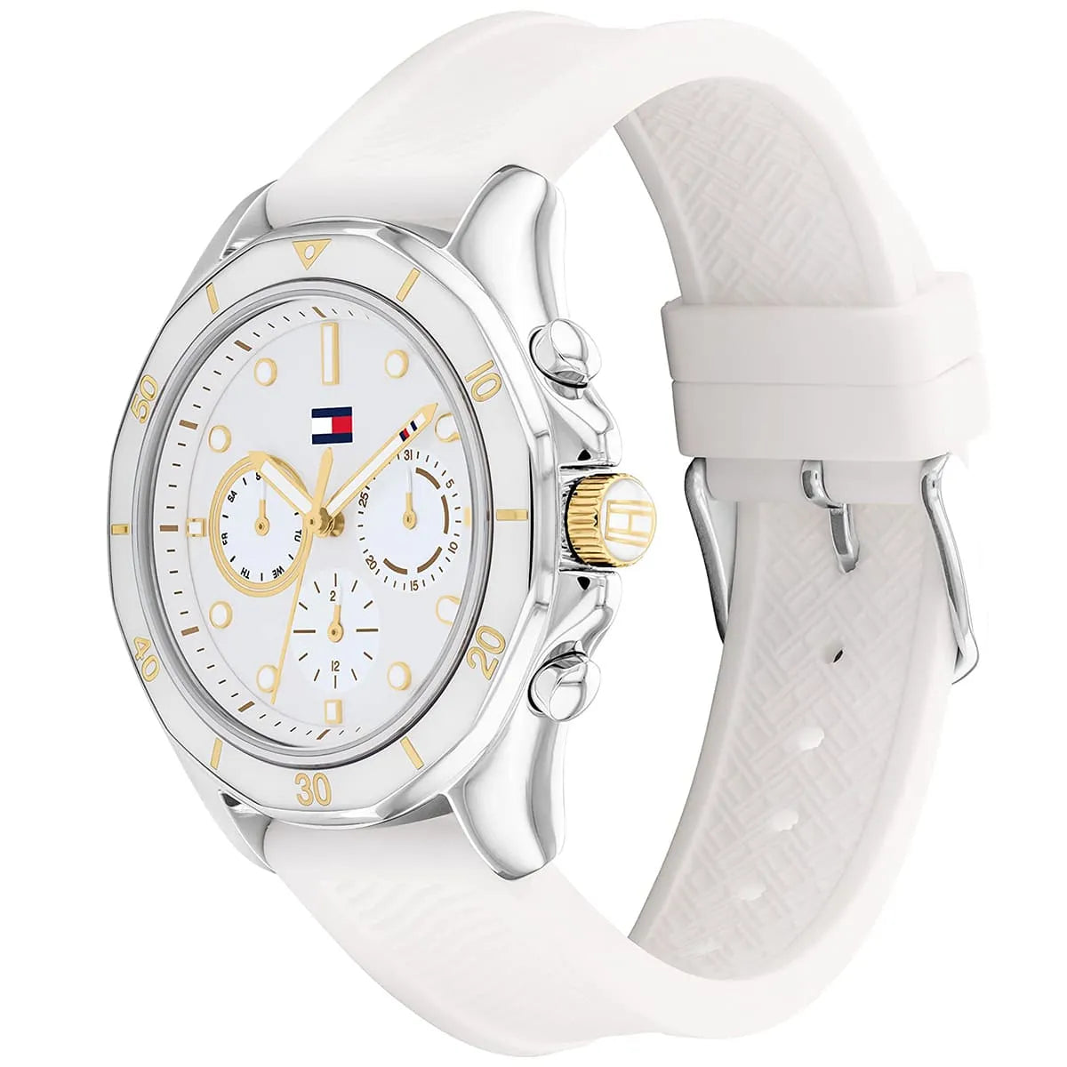 Tommy Hilfiger Libby watch displayed at angle showing silver case, white rubber strap, and dial detail