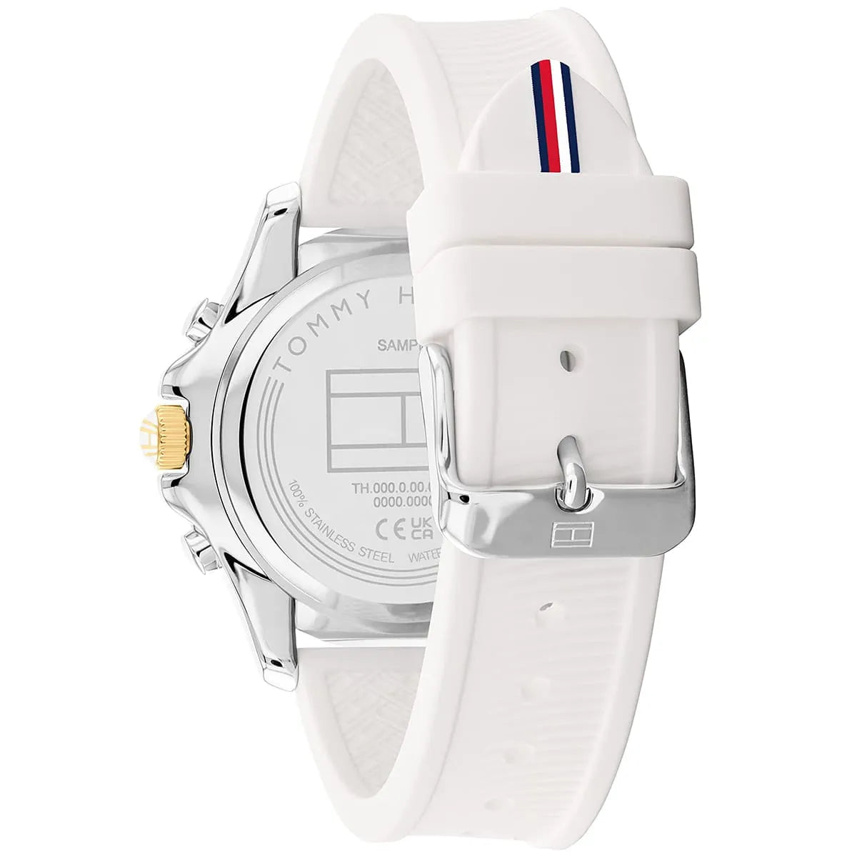 Side view of Tommy Hilfiger Libby watch showing white rubber strap, case profile, and flag logo detail