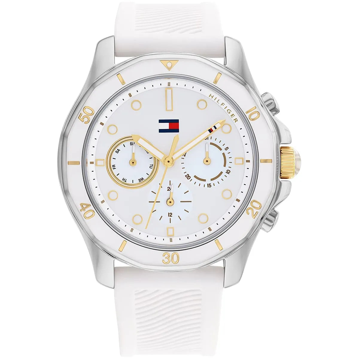 Tommy Hilfiger Libby women's watch with white dial, gold hour markers, chronograph subdials, and white rubber strap