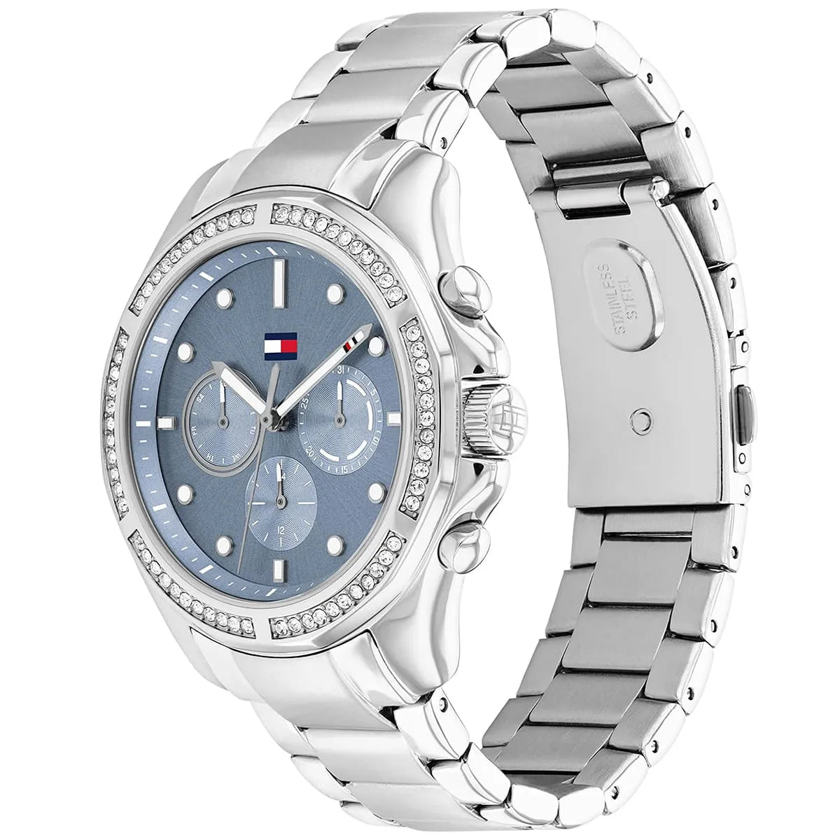 Tommy Hilfiger Libby watch angled view showing blue dial, crystal bezel, and stainless steel bracelet side profile
