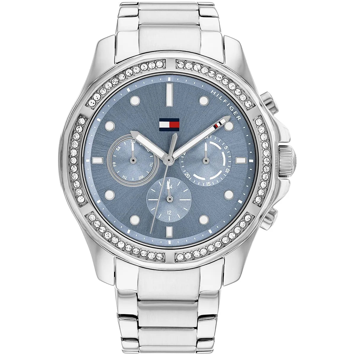 Tommy Hilfiger Libby women's watch with blue dial, crystal-set bezel, chronograph subdials, and stainless steel bracelet