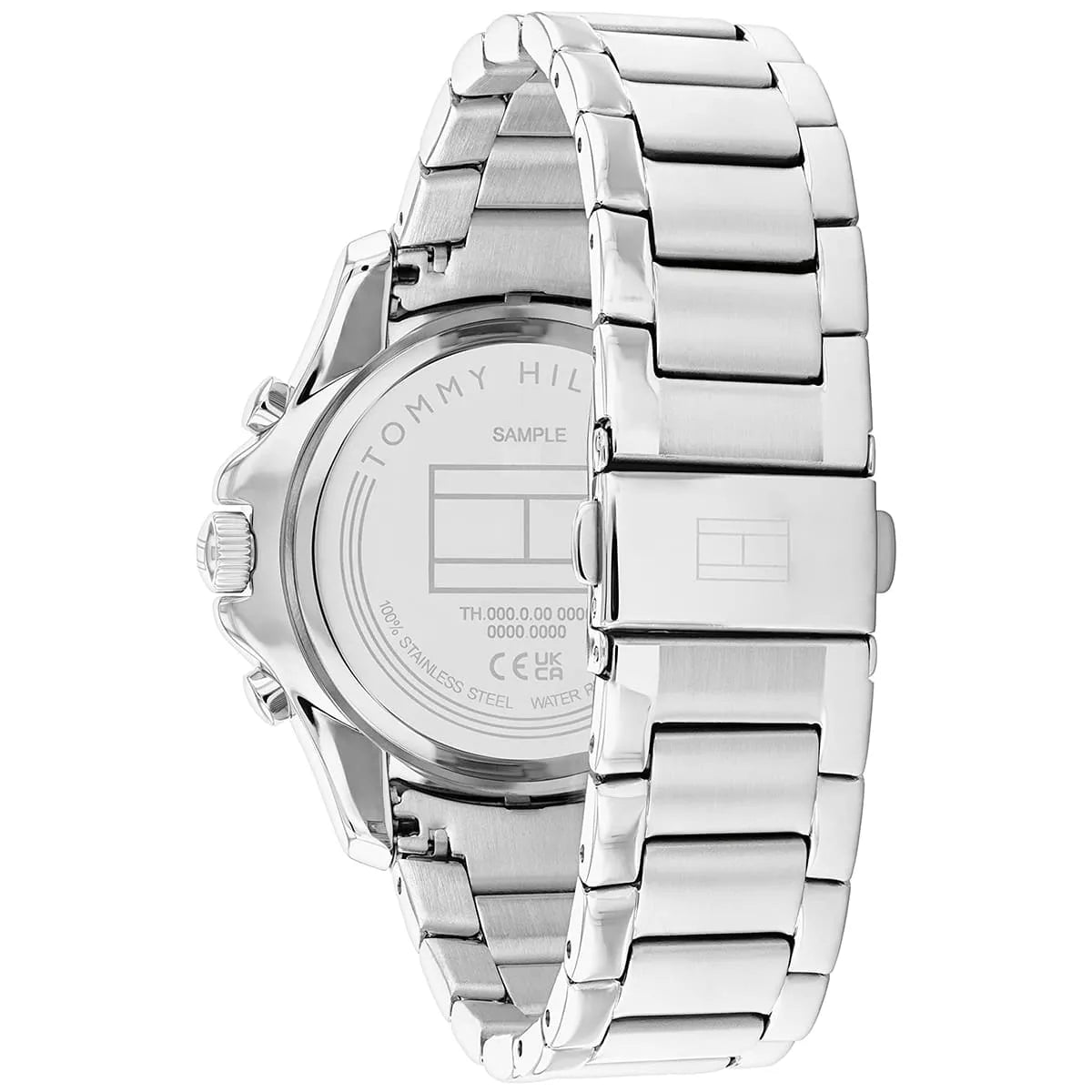 Tommy Hilfiger Libby watch caseback showing stainless steel case and metal bracelet