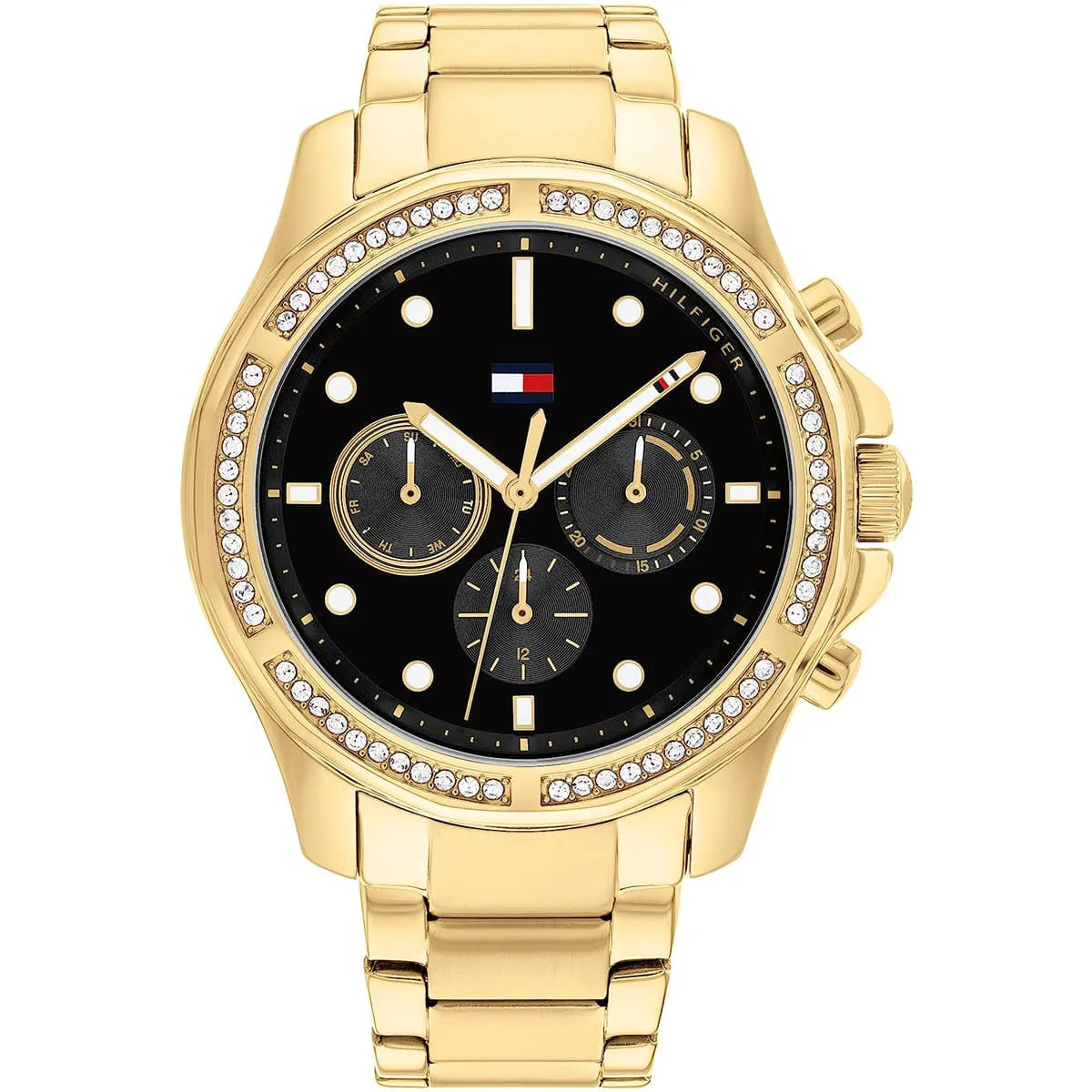 Tommy Hilfiger Libby women's watch with black chronograph dial, crystal bezel, and gold metal bracelet