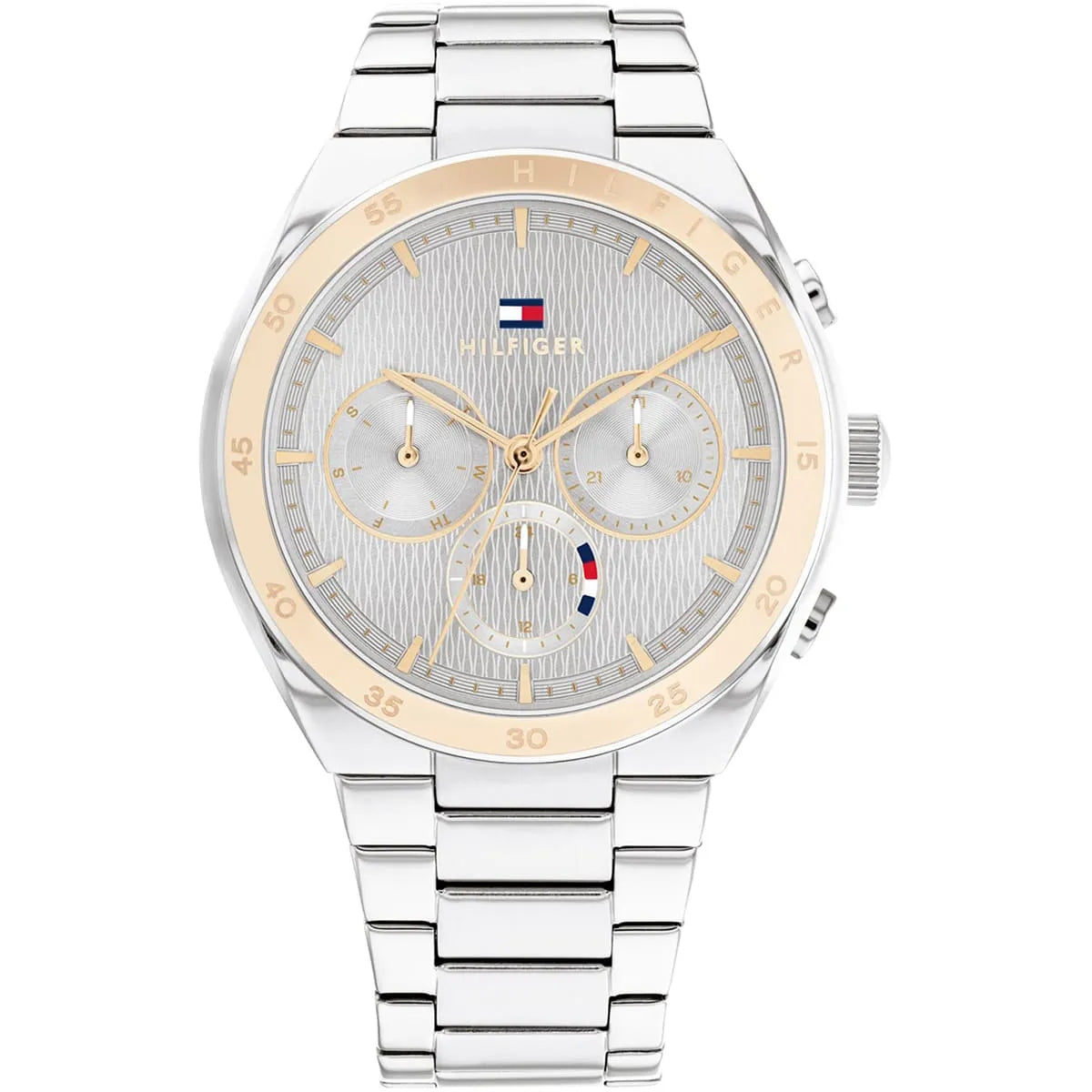 Tommy Hilfiger women's watch with gray dial, rose gold bezel, chronograph subdials, and silver-tone metal bracelet