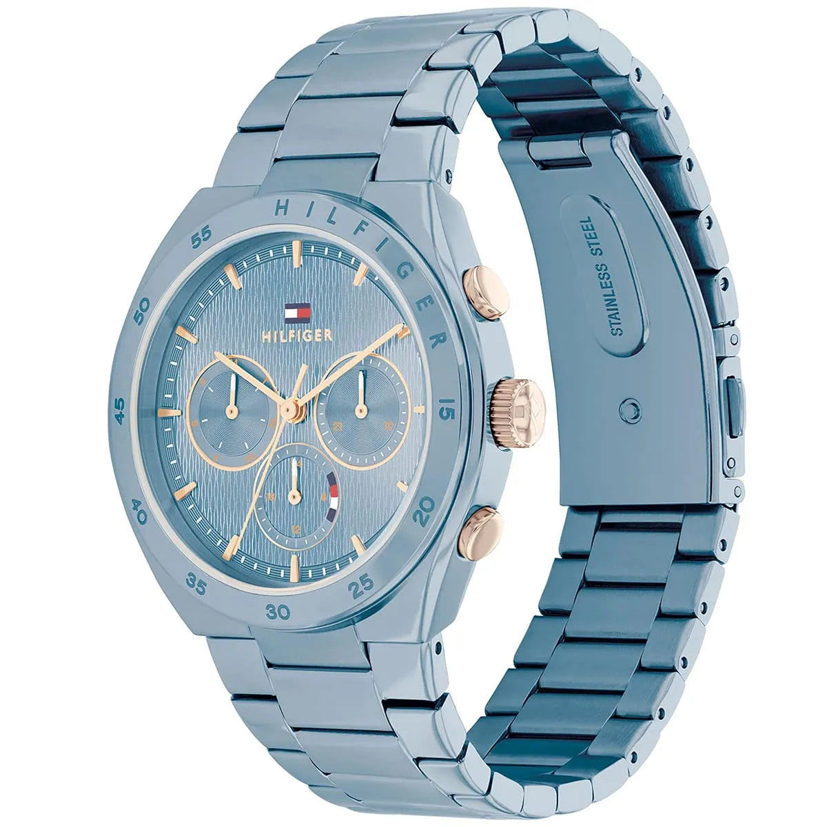 Tommy Hilfiger Carrie watch showing dial and side profile of blue stainless steel bracelet