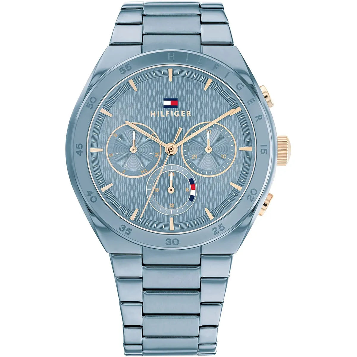 Tommy Hilfiger Carrie women's watch with light blue dial and stainless steel bracelet, front view