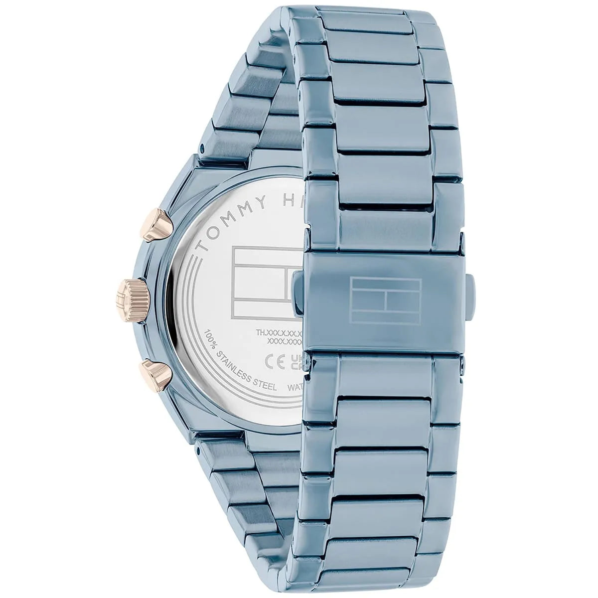 Tommy Hilfiger Carrie watch caseback detail showing stainless steel bracelet side view