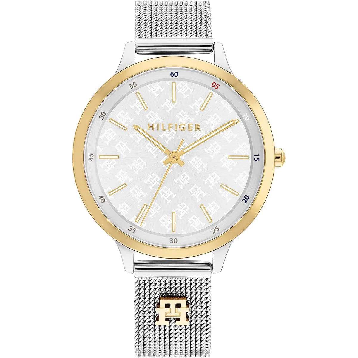 Tommy Hilfiger Iris women's watch with white pattern dial, gold bezel, and silver mesh strap