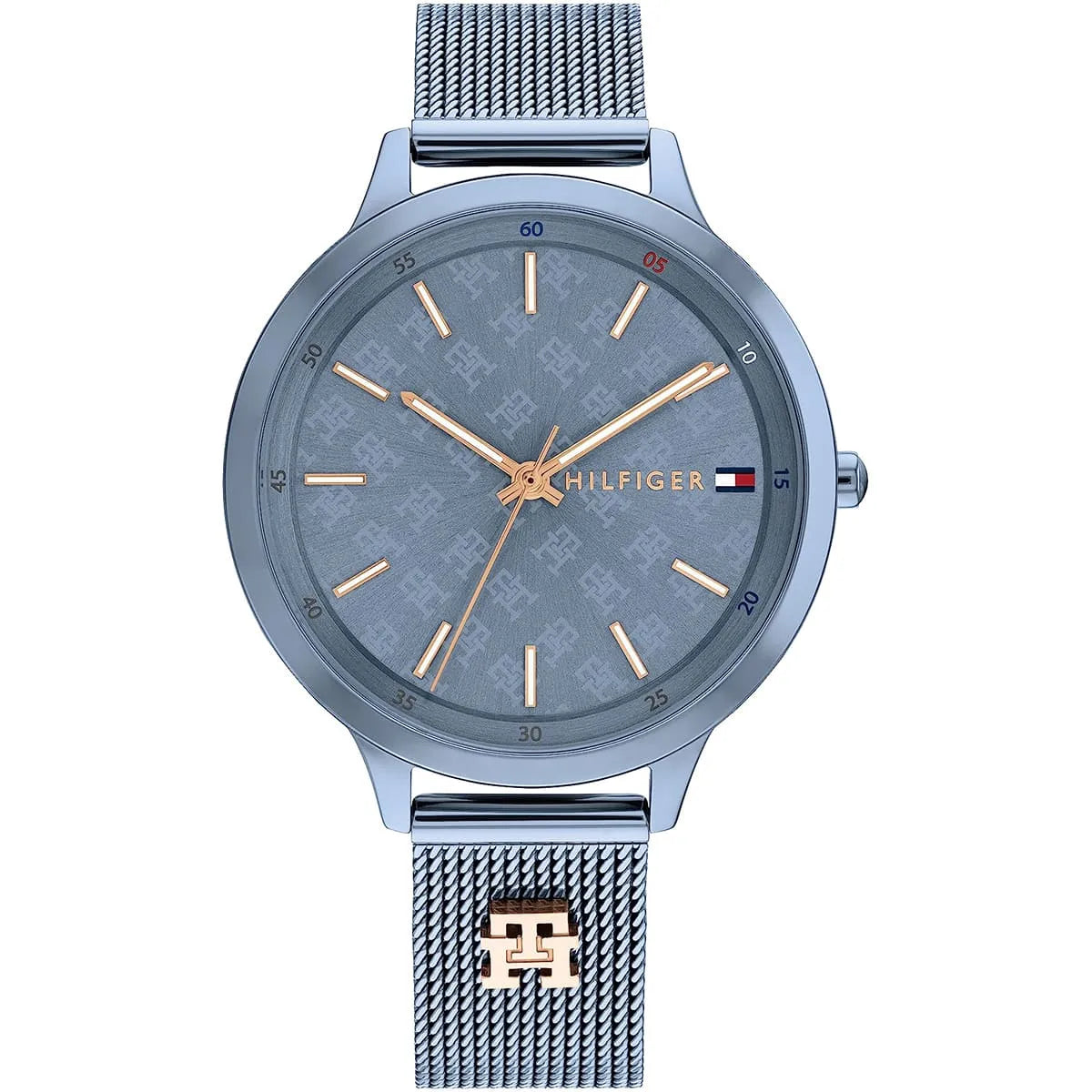 Tommy Hilfiger Iris women's watch with blue dial, rose gold hands and indices, stainless steel mesh strap