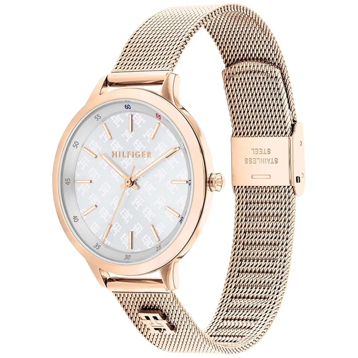 Tommy Hilfiger rose gold women's watch showing side profile and mesh strap detail