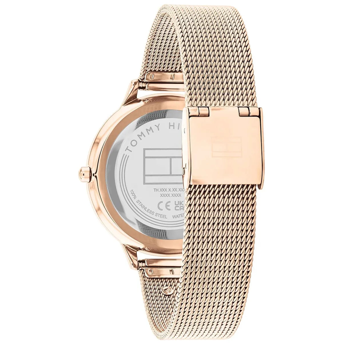 Tommy Hilfiger women's watch caseback displaying movement and specifications