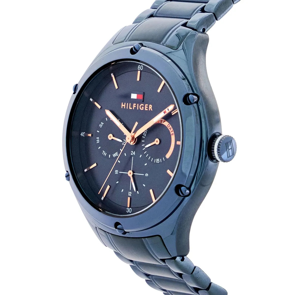 Side view of Tommy Hilfiger LEXI blue watch with metal band and crown detail