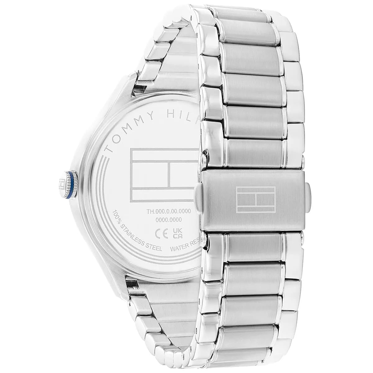 Tommy Hilfiger chronograph watch caseback showing water resistance and specifications