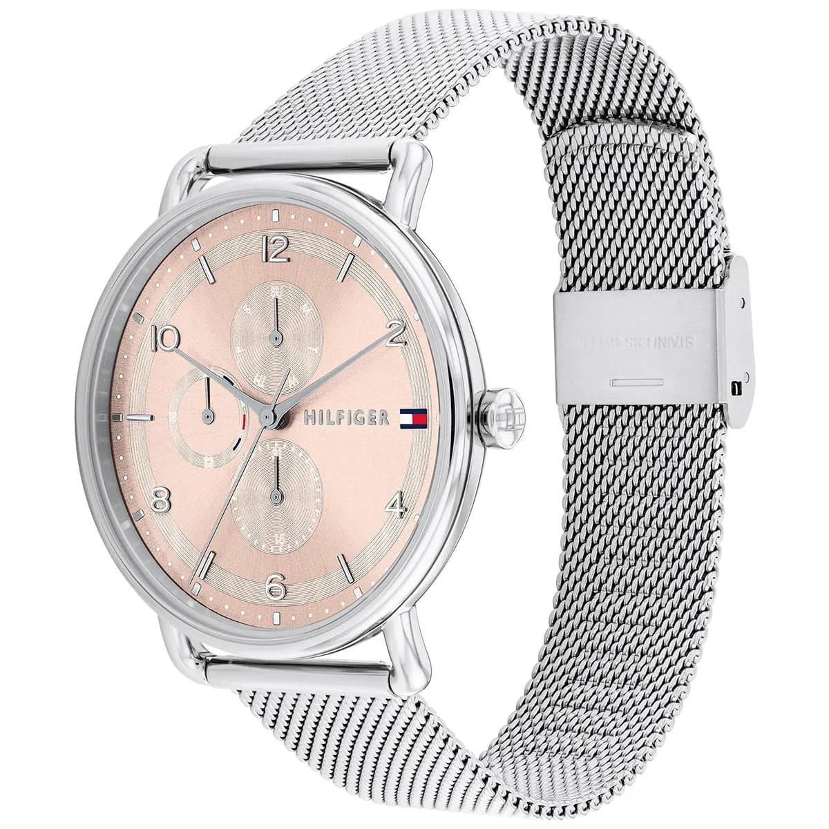 Tommy Hilfiger Lily watch angled view showing pink dial and silver mesh band
