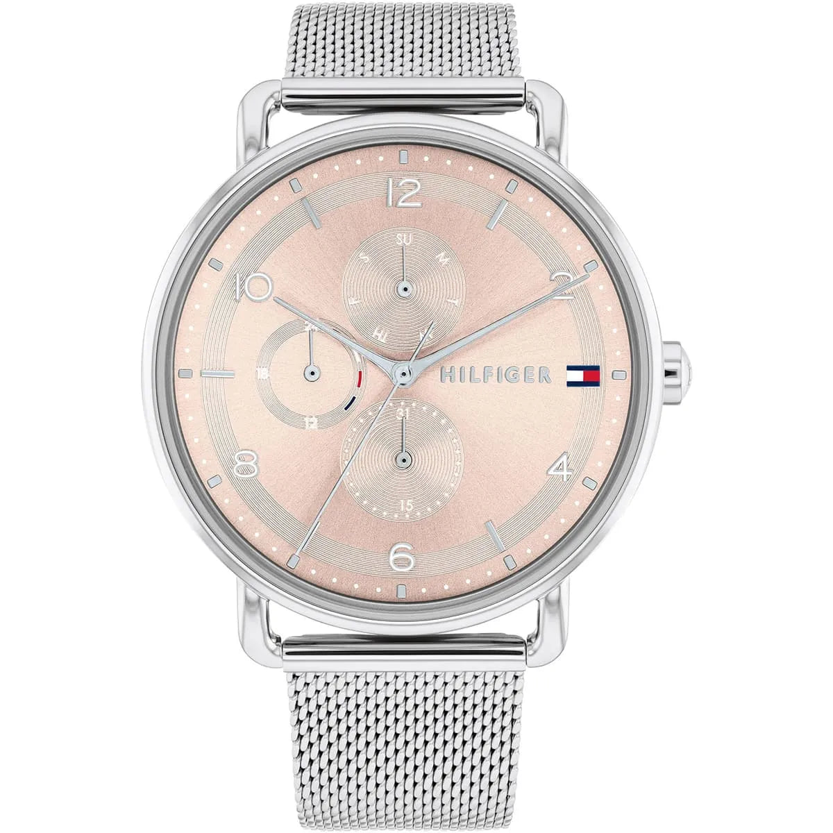 Tommy Hilfiger Lily women's watch with pink dial, multi-function subdials, silver mesh strap