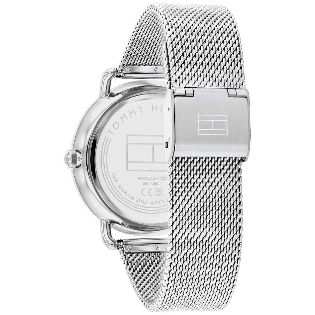Side view of Tommy Hilfiger Lily watch case and silver mesh strap