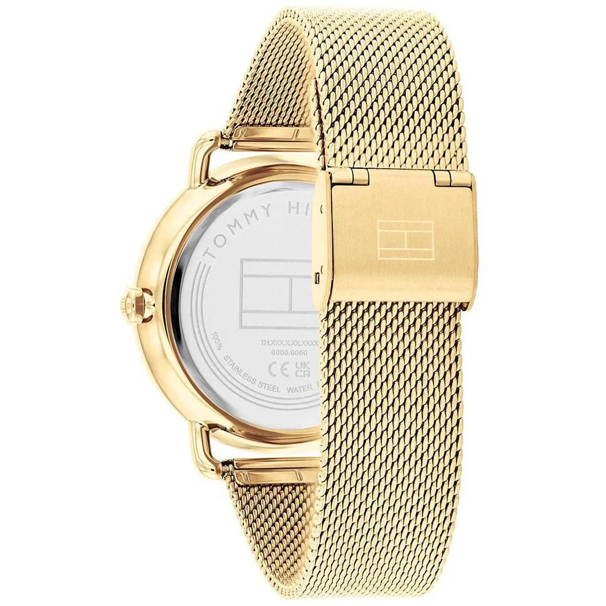 Tommy Hilfiger Lily watch case back with stainless steel gold-tone mesh strap