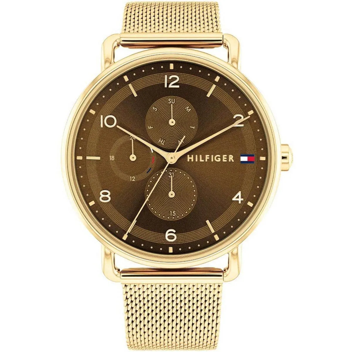 Tommy Hilfiger Lily watch with brown dial, gold-tone case, and gold mesh strap