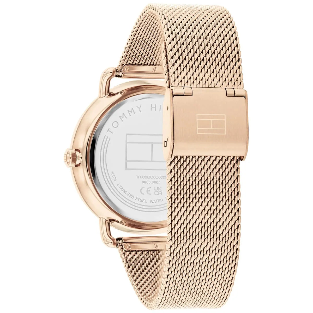 Tommy Hilfiger LILY watch caseback showing rose gold case with stainless steel mesh strap