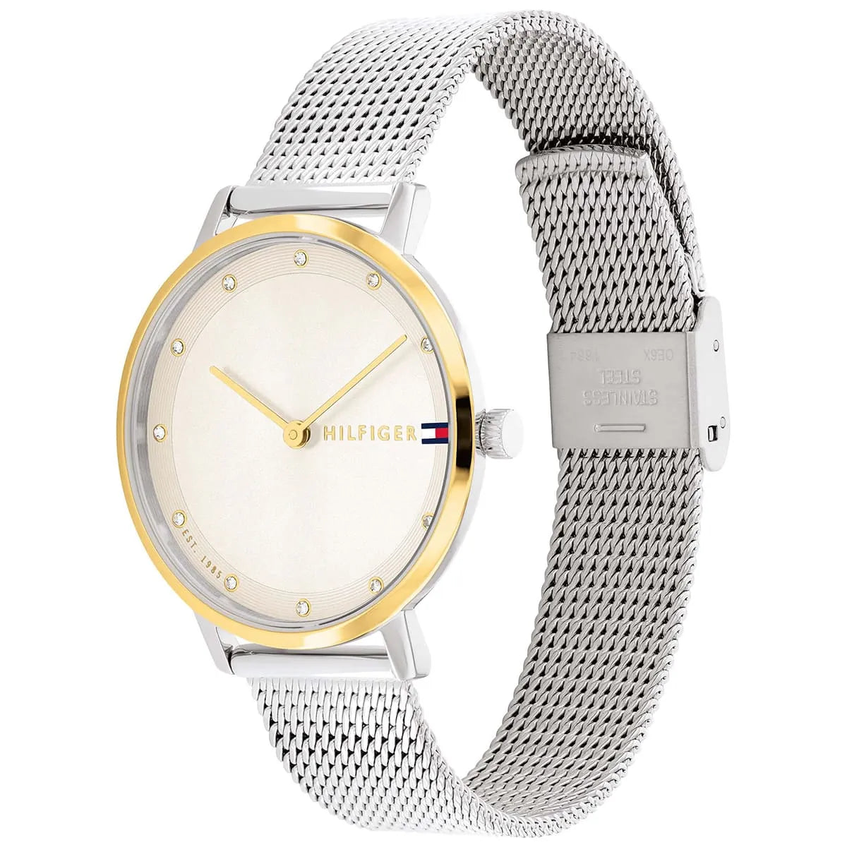 Tommy Hilfiger watch on angle showing champagne dial, gold bezel, and full mesh strap