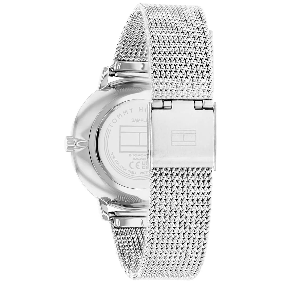 Tommy Hilfiger watch caseback showing stainless steel construction and mesh bracelet clasp