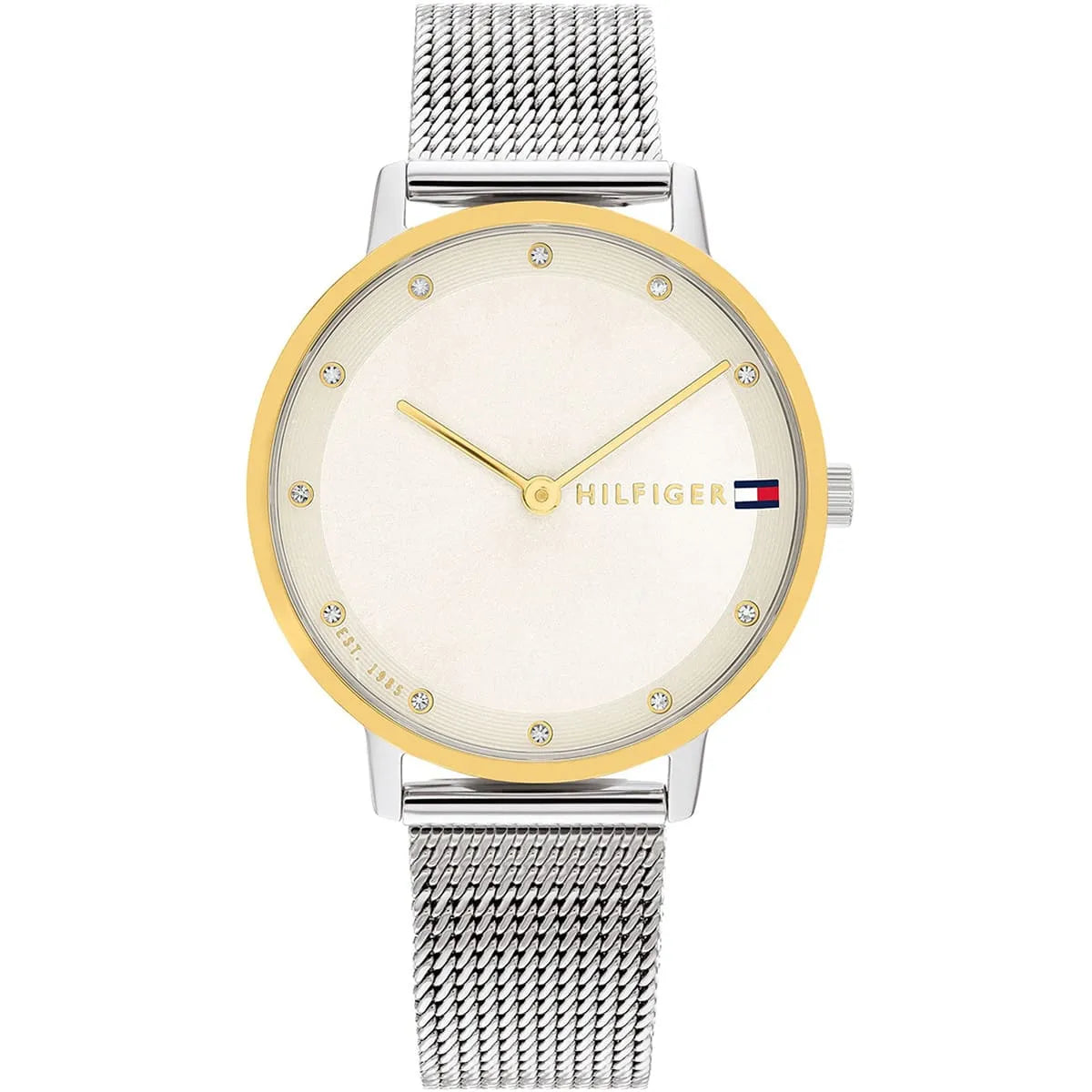 Tommy Hilfiger women's watch with champagne dial, gold bezel, and silver mesh bracelet, front view