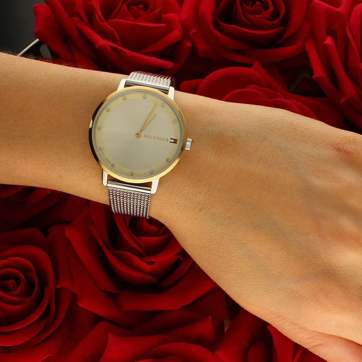 Tommy Hilfiger champagne dial watch worn on wrist with mesh bracelet against red background