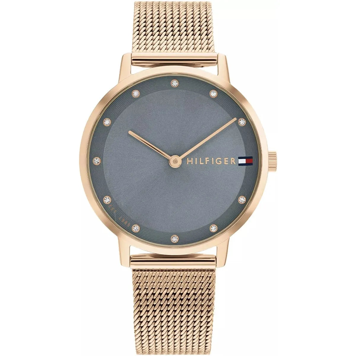 Tommy Hilfiger women's watch with rose gold Milanese strap and blue dial with crystal indices