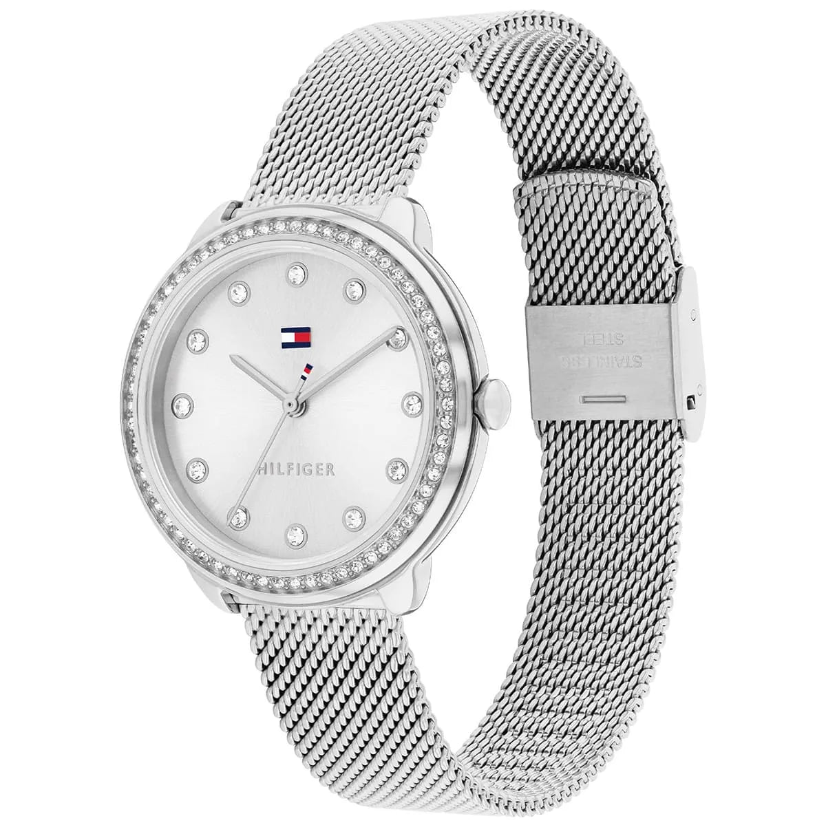 Tommy Hilfiger silver watch angled view showing mesh strap and bezel details