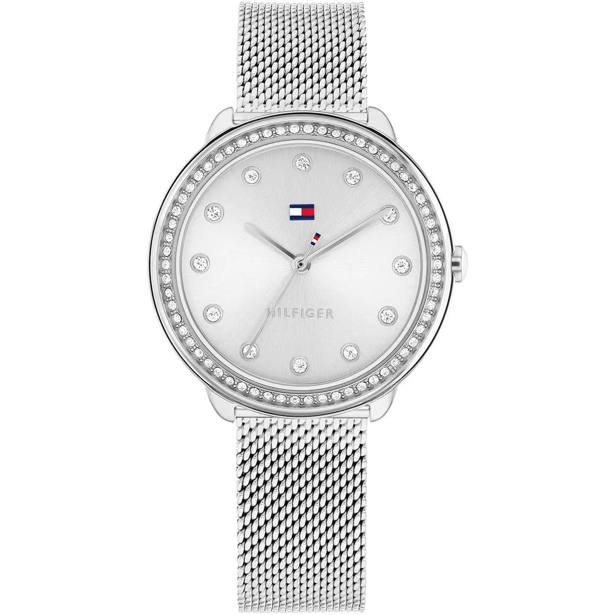 Tommy Hilfiger women's watch with silver dial, crystal hour markers, mesh strap