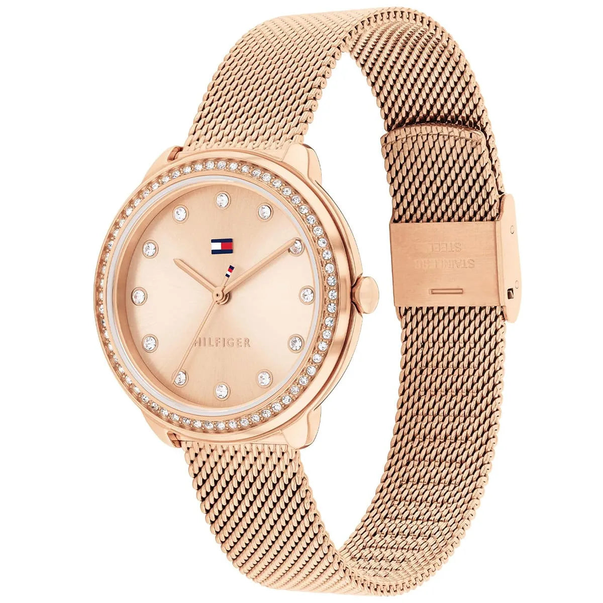 Tommy Hilfiger Demi watch showing rose gold case, bezel, and mesh strap at angle