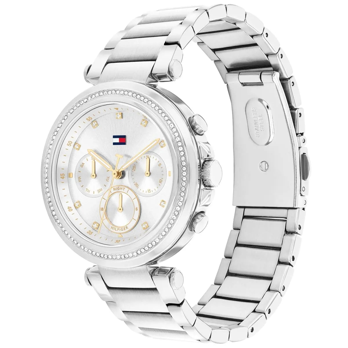 Side angle view of Tommy Hilfiger women's chronograph watch showing stainless steel bracelet and case profile