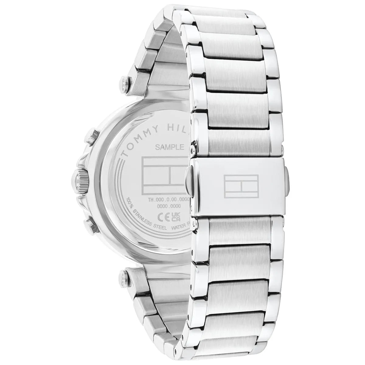Case back view of Tommy Hilfiger women's watch displaying stainless steel bracelet detail