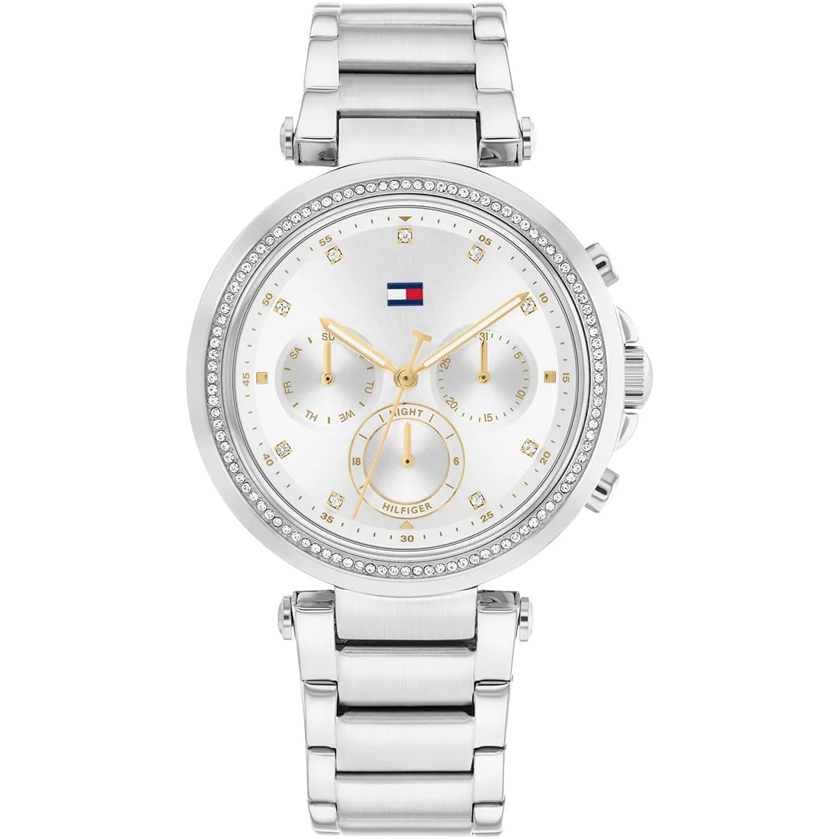 Tommy Hilfiger women's stainless steel watch with silver dial, crystal bezel, gold chronograph subdials, and metal bracelet