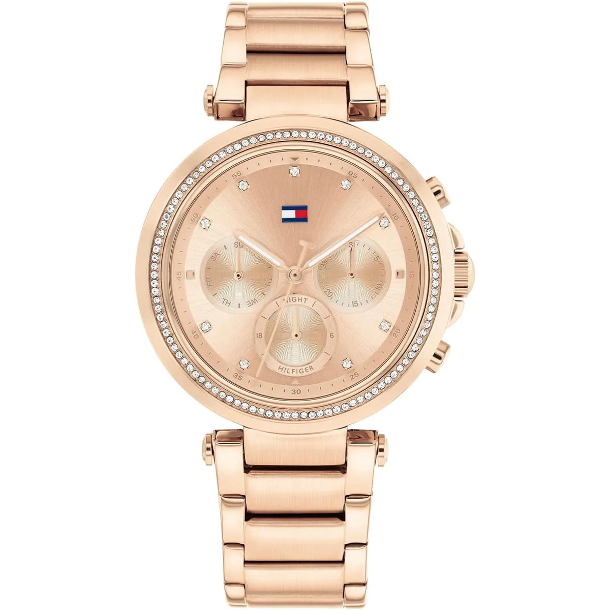 Tommy Hilfiger rose gold women's chronograph watch with crystal bezel and champagne dial