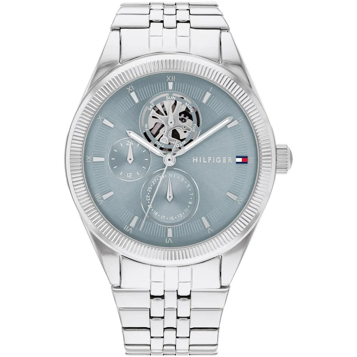 Tommy Hilfiger Monica blue dial women's watch with skeleton window and silver stainless steel bracelet