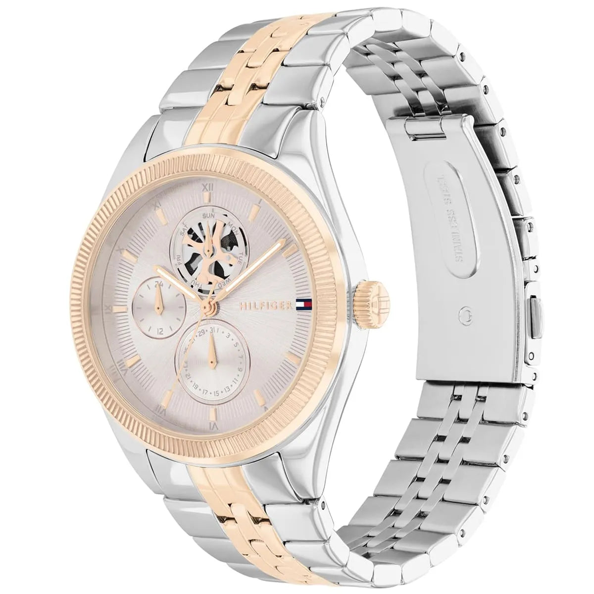 Side angle view of Tommy Hilfiger Monica watch showing rose gold bezel and two-tone metal bracelet