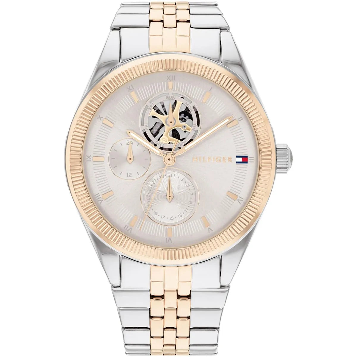 Tommy Hilfiger Monica bicolour watch with grey dial, day-date display, and two-tone stainless steel bracelet
