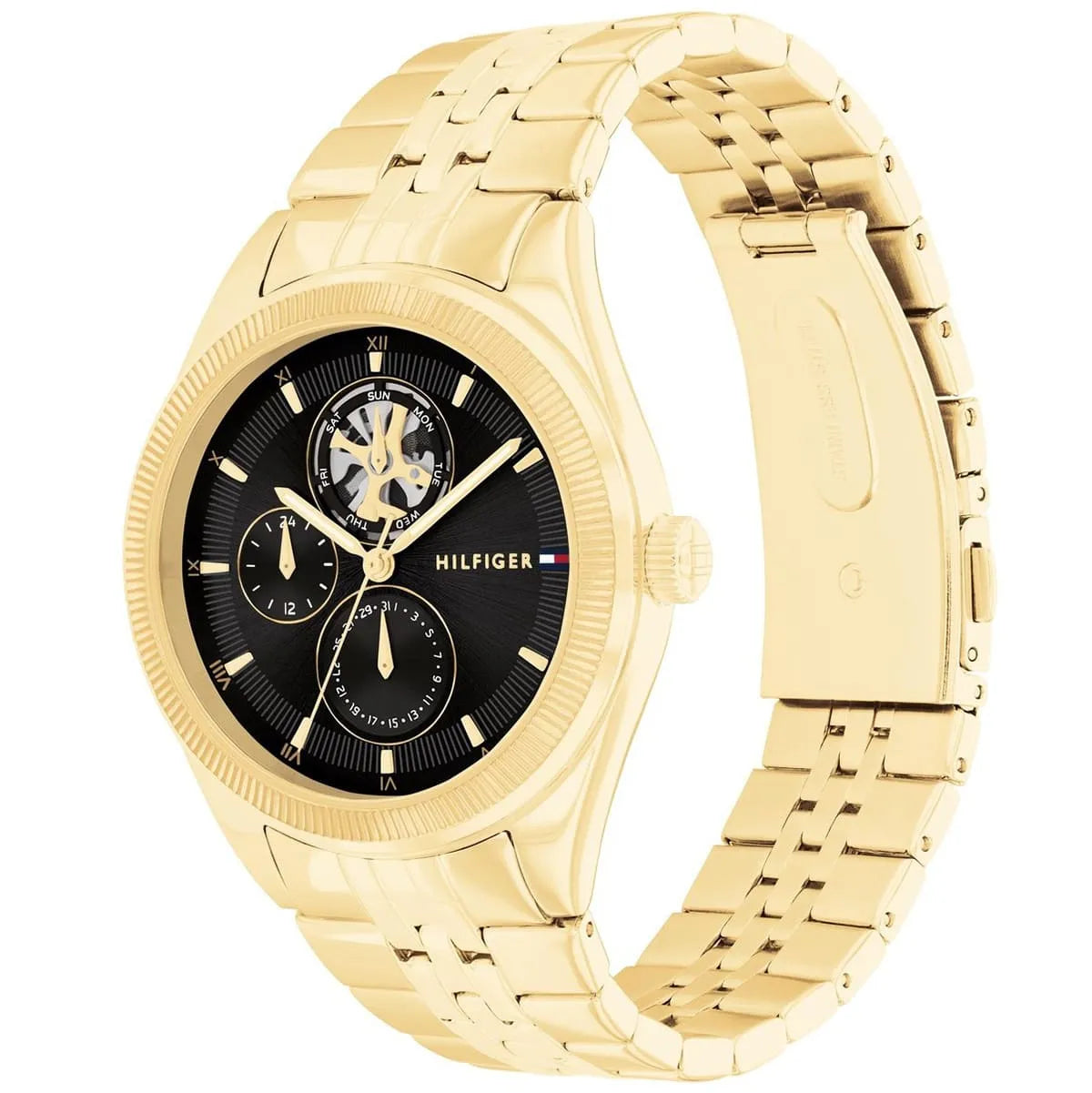 Tommy Hilfiger Monica watch angled view showing gold metal bracelet strap and black dial